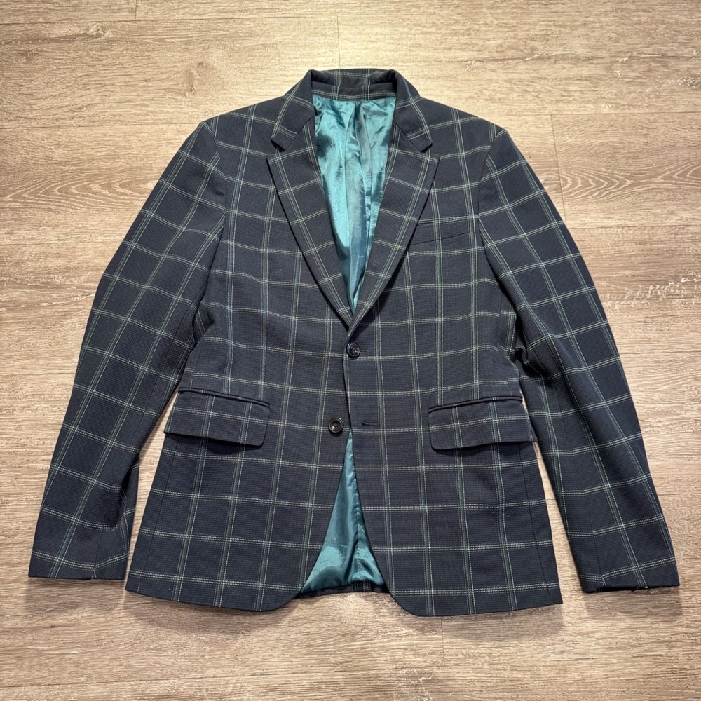 Zara Blazer Mens 36 Blue Windowpane Plaid Modern Slim Fit Sport Coat Jacket